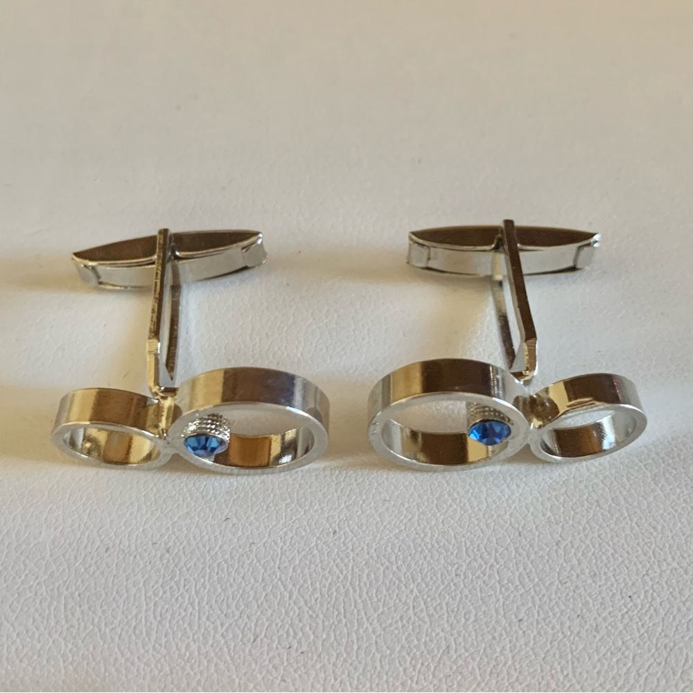 🧿 Modernist Silver-Tone Cufflinks with Blue Stone — Geometric Double Circle - Picture 5 of 6